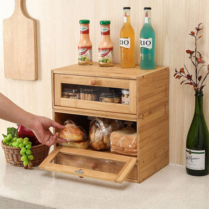 Boîte à pain en bambou à double couche avec fenêtre transparente, plateau à couverts, conteneur de rangement - Product Image 4