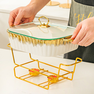 <strong>Rectangular</strong> Design <strong>Ceramic</strong> Casserole <strong>Pot</strong> Tableware Candle Chafing Dish Buffet Set Fire Heating <strong>Ceramic</strong> Soup <strong>Pot</strong> with Golden Rack - Product Image 4