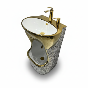 Lavabo da Bagno in Ceramica Bianca con Finitura Dorata Elettroplaccata Lucida, Design Moderno Ovale con Motivo a Linee Grigie, Premium per Hotel - Product Image 3