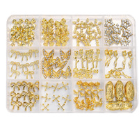 Charmes pour ongles luxueux en plastique 3D avec strass, boîte de 12 compartiments, charmes à la mode très vendus, nœud papillon, croix, statue de Bouddha pour les ongles