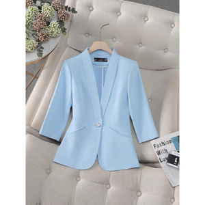 Blue Three Quarter Sleeve Blazer Women Professional Casual Spring Summer Autumn Fashionable Top Anti Wrinkle Worsted Fabric - Product Image 1
