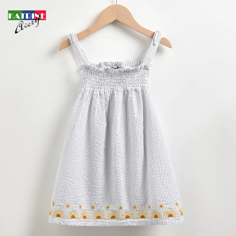 Girls Sleeveless Vertical Stripe Dress Embroidery Printing Pleated Princess Sundress Kids A-Line Summer Casual Dress
