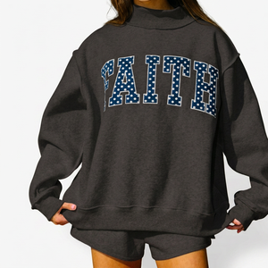 Nouveau Pull Oversize Tendance en Polaire pour Femme avec Col Montant, Broderie à Pois et Imprimé Lettres 'Faith', Idéal pour l'Automne - Product Image 2