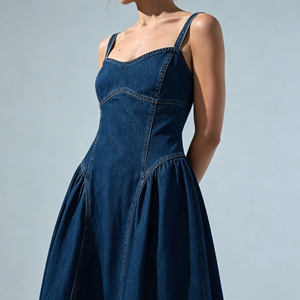 <span class=keywords><strong>Robe</strong></span> longue plissée en <span class=keywords><strong>jean</strong></span> vintage pour <span class=keywords><strong>femme</strong></span>, col cœur, sans manches, coupe trapèze, style midi - Product Image 2