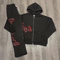 Produsen kustom 2 potong Streetwear Vintage Jogging Zip up Tracksuit tombol Patch bordir celana olahraga dan Set Hoodie