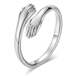 Alyans 925 ayar gümüş anillo ayarlanabilir açık aşk sarılma el halkaları yeniden boyutlandırılabilir kişiselleştirilmiş çift parmak kucaklamak yüzük