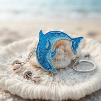 Porte-clés personnalisé en alliage de zinc en forme de dauphin, bicolore bleu pailleté, émail souple, thème marin, pour aquarium, OEM ODM, faible MOQ