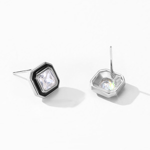 Pendientes de botón personalizables de plata de ley S925 con circonita de corte princesa cuadrado, estilo clásico retro minimalista para mujer. - Product Image 3