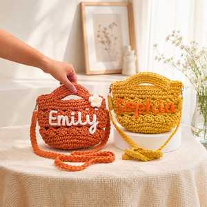 Personalized Girl Name <b>Crochet</b> Bag, Hand-Crocheted Cotton Yarn <b>Handbag</b>, Detachable Crossbody Strap, Built-In Top Handle - Product Image 2