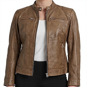 Women's Genuine Leather Motorcycle Jacket Brown Stand Collar <b>Zipper</b> Closure Full Sleeve Biker Style Autumn Wear - Product Image 1