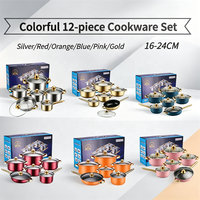 Set Perlengkapan Masak 12 pcs Panci dan Wajan Stainless Steel Desain Baru dengan Gagang Emas, Termasuk Panci Sup dan Panci Susu