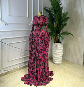 European women's fashion 2026 spring new style elegant pleated figure-hugging printed full-skirted long dress - Product Image 1