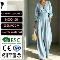 Nouvelle Arrivée Combinaison Longue Élégante en Lin Uni à Col en V, Manches Bouffantes, Taille Haute Plissée, Coupe Ample à Jambes Larges avec Poches pour Femme