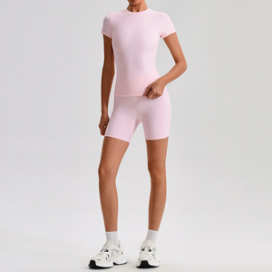 <span class=keywords><strong>Ensemble</strong></span> de yoga 2 pièces sans couture pour femmes, 20 couleurs unies, été, respirant, t-shirt à manches courtes, short taille haute, tenue de sport Y2K pour adolescentes - Product Image 4