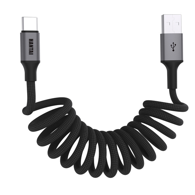 HANTAI Braided Spring USB C Cable, Anti-Tangle Coiled Charging Cord for Mechanical Keyboard Car Android Auto 3A Current