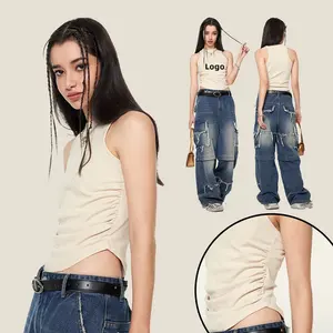 Gilet da donna con Logo personalizzato estivo canotta in cotone a coste Sexy da donna canotta <span class=keywords><strong>Crop</strong></span> <span class=keywords><strong>Top</strong></span> canottiere senza maniche <span class=keywords><strong>Beige</strong></span> senza maniche - Product Image 1