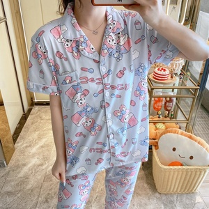 Nuevo Diseño de Pijamas para Mujer, Conjunto de 2 Piezas con Estampado de Dibujos Animados, Pantalones Cortos de Seda de Leche, Ropa de Dormir de Verano con Cuello Solapa - Product Image 4