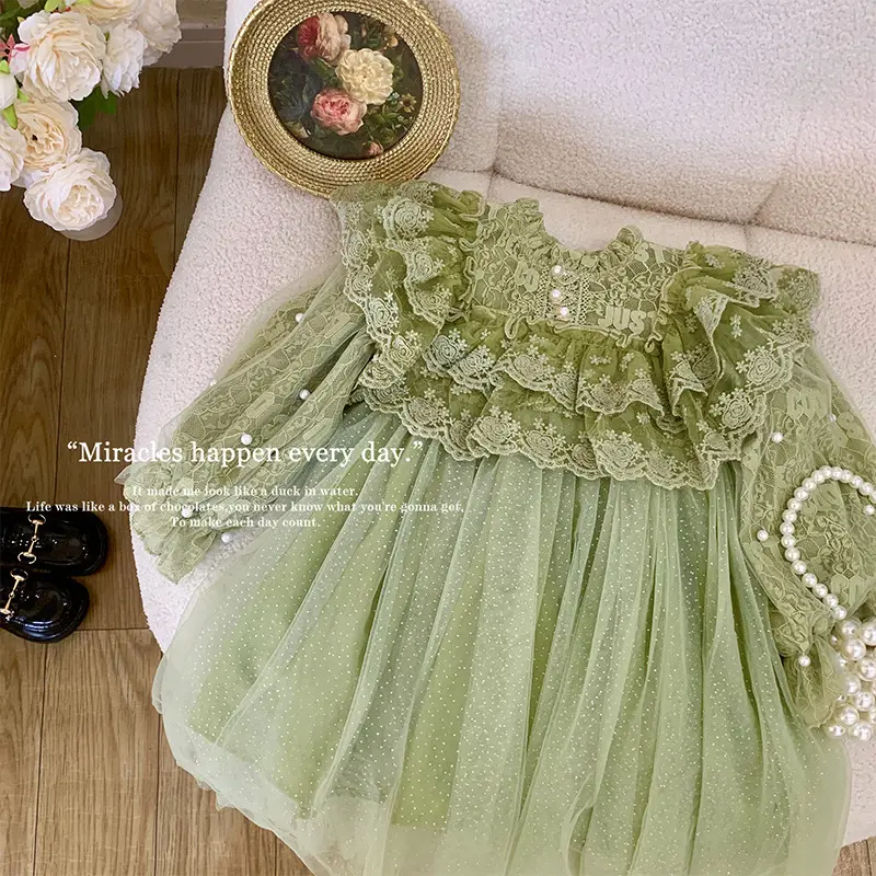 İlkbahar sonbahar moda katı yeşil bebek kız dantel ruffles tutu elbise yürüyor çocuk prenses elbiseler giyim 422