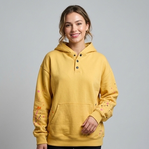 Sweat à capuche pour femme en molleton de coton avec logo personnalisé, style streetwear, jaune, effet éclaboussures de peinture, épaules tombantes - Product Image 1