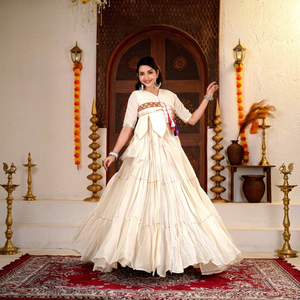 Cream Cotton Embroidered Anarkali Lehenga <b>Tiered</b> Flared Quick Dry All Seasons Traditional <b>Wedding</b> <b>Dress</b> for Women - Product Image 1