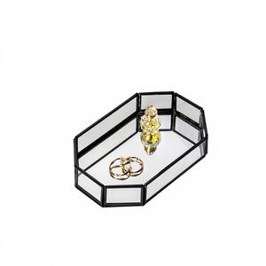 Plateau en verre moderne avec cadre en métal noir, organisateur miroir pour maquillage, parfums, bijoux, plateau décoratif pour le salon, plateau de service pour boissons - Product Image 1