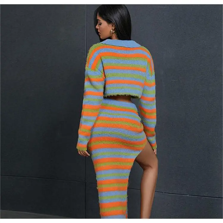 2023 Autumn and winter New Fashion striped color matching lapel zipper cardigan split knitted dress set