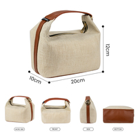 Petite pochette de maquillage d'été en Jute pour femmes, sac de maquillage en chanvre uni avec poignée en cuir