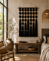 Décoration murale en macramé noir et cognac de style Lomas, moderne et minimaliste, sur mesure