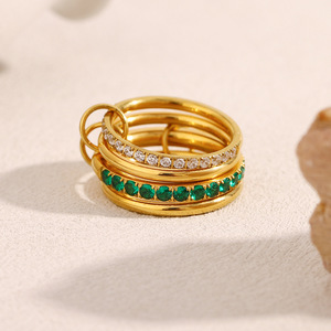 18K Gold Plated Stainless Steel Multi Layer Linked Emerald Clear Zircon Stackable <b>Statement</b> <b>Ring</b> For Women Daily Jewelry - Product Image 2