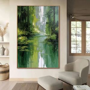 Peinture à l'huile originale Forêt Verte sur toile, grande œuvre murale abstraite, peinture de rivière, art mural paysager pour la maison et la galerie - Product Image 1