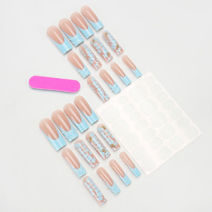 Faux ongles à presser rose nude bleu style <span class=keywords><strong>français</strong></span> avec perles dorées, longs, forme cercueil, brillants, réutilisables, pour usage quotidien, fêtes, salon, OEM - Product Image 3