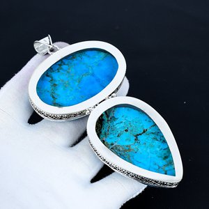 Turquoise Gemstone fait à la main 925 pendentif en argent Sterling Simple solide Style classique lunette réglage pour la mode féminine en gros - Product Image 4