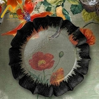 Assiette de présentation en verre festonnée à motif floral de 13 pouces, bord noir, assiettes de buffet de luxe, décoration de table pour mariage et location