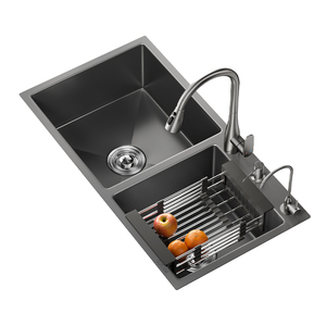 Chậu rửa chén đôi đáy bằng thép không gỉ hiện đại bán buôn, chất liệu SUS304&201, làm thủ công, hình vuông, màu tro súng, bảo hành 5 năm, không kèm vòi - Product Image 1