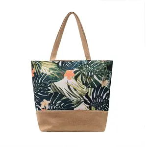 Tropical Canvas Shoulder Shopping Bag Women Summer Large Beach Tote Bag