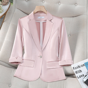 Women's Blazer Summer 2025 Acetate Satin Professional Suit Jacket Thin Breathable Solid Color Buttons Size S - Product Image 2
