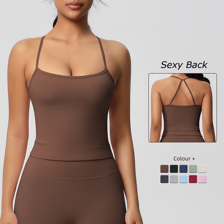 Women Two Side Brushed Solid Color Yoga Tank Top Tight Compression Sexy Back Longline Sports Bra Running Gym Wear Yoga Top