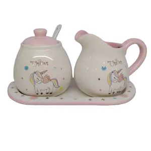 Hand Geschilderd Keramische Eenhoorn Creamer En Suiker Set Met Deksel Lepel,; porselein Koffie Serving 12Oz Melkkan Suiker Pot