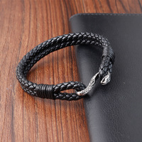 Gelang kulit untuk pria wanita, desain kepala ular antik mewah asli anyaman dan gelang baja tahan karat untuk Perhiasan Pria Wanita