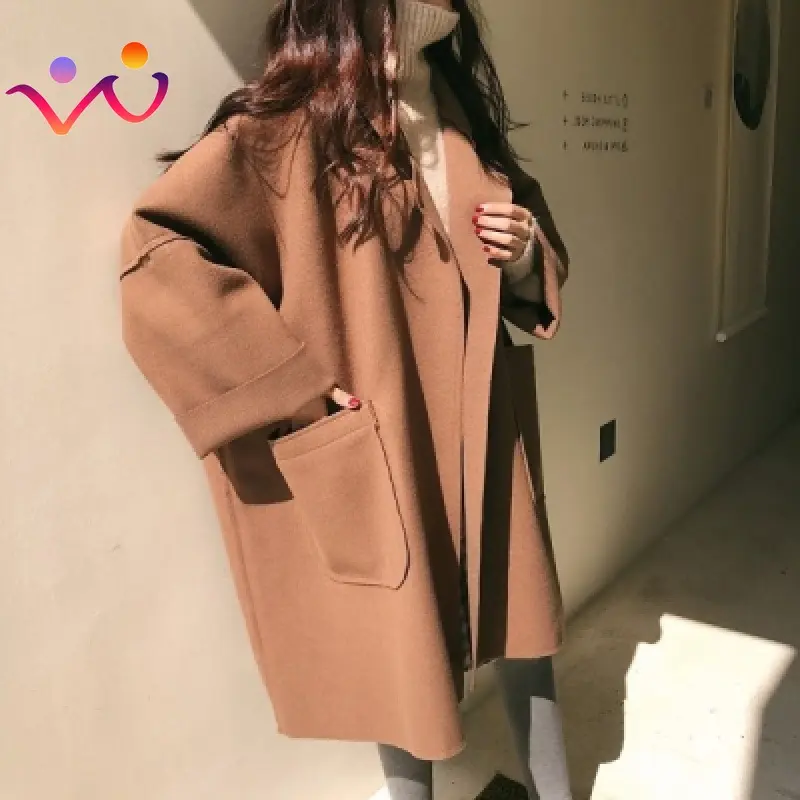 Elegant Mid-Length Loose Turn-Down Collar Plus Size 4XL Cardigan Winter for Women Vintage Windbreakers Jacket Woolen Trench Coat
