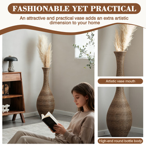 Vase décoratif en rotin PVC tissé à la main, 39,37 pouces de haut, beige gris bicolore, pour salon et décoration intérieure - Product Image 4