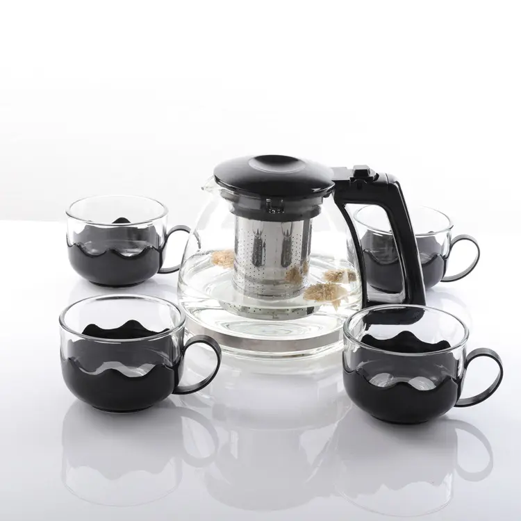 5 pcs Set Heat Resistant Glass Teapot Cup Sets Transparent Coffee Tea Kettle with Stainless Steel Filter