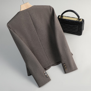 Women's Blazer Woolen Plaid Brown Gray Anti-Wrinkle Petite Casual Short Suit Autumn 2025 New Style - Product Image 3