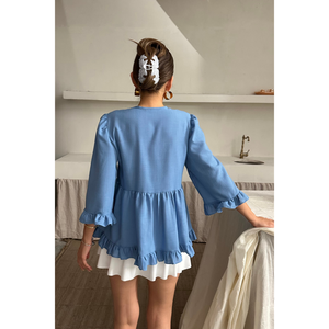 Chemise en lin pour femme avec nœud devant et détail volanté, bleu - Product Image 1