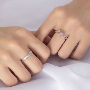 Anillos de Pareja Plateados en Platino, Anillo de Joyería para Pareja con Corazón de Circonita Rosa, Anillos Ajustables para Mujer y Hombre, Joyería de Boda - Product Image 4
