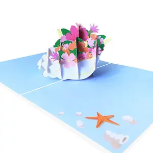 新到热卖定制花式浪漫海螺花结婚周年日期邀请3D弹出式纸质贺卡