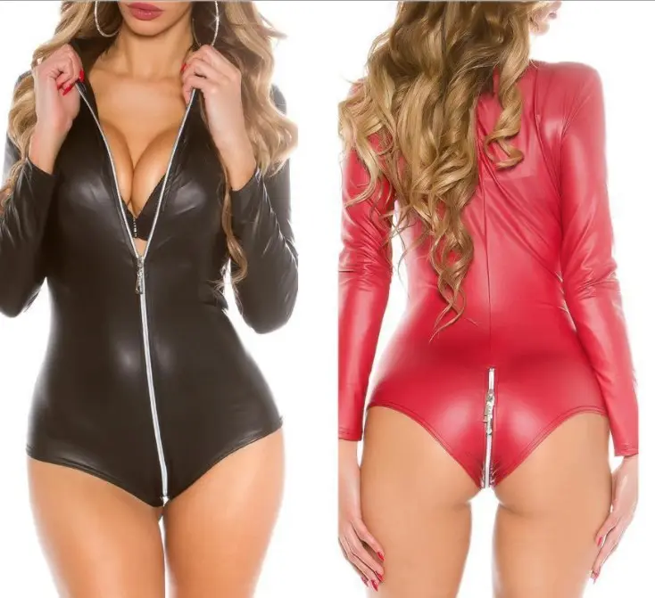 2020 नई गर्म बिक्री महिलाओं लोन आस्तीन चमकदार सिंथेटिक चमड़े bodysuits और ज़िप के साथ सेक्सी नीचे पहनने