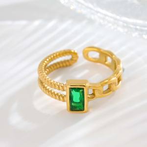 Bijou élégant et polyvalent en acier inoxydable plaqué or 18 carats avec zircon vert texturé, à bande ouverte, pour les rassemblements décontractés - Product Image 2