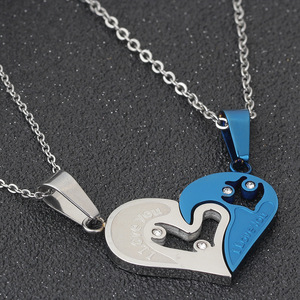 Collares de Pareja de Acero Inoxidable con Colgante de Corazón, Grabado 'Te Amo', Cadena de Eslabones Plateada con Zirconia Azul - Product Image 2