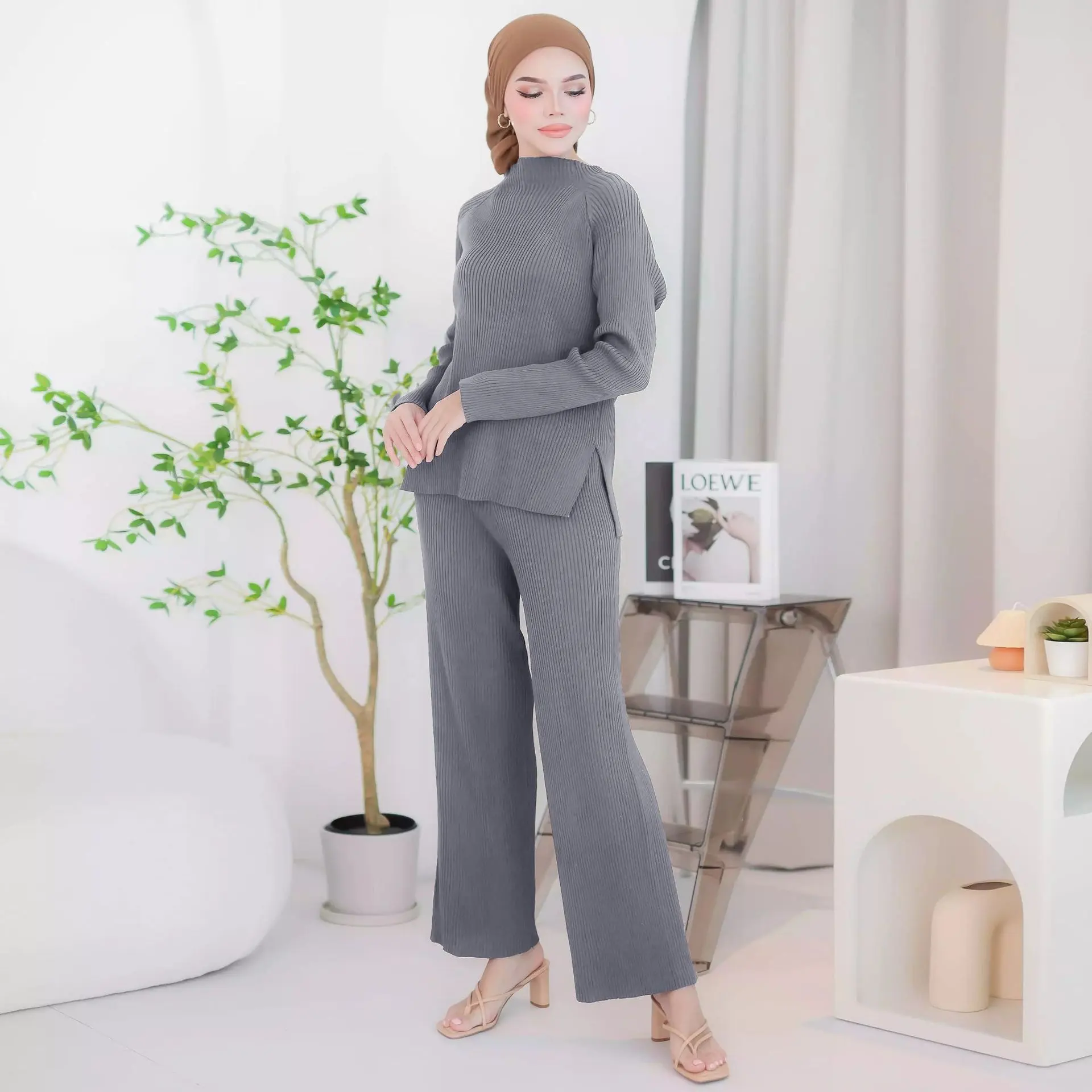 Herbst Winter Pullover Outfit Casual Strick Set Zweiteiliger bescheidener Stil Malaysia Indonesien Islamische Kleidung